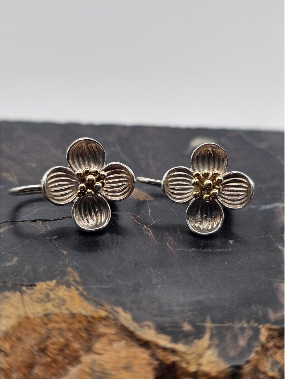 925 Silver GV China Two-Tone Dogwood Flower Clip Earrings